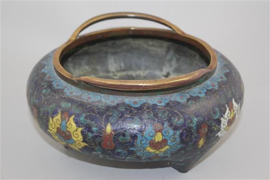 A large Chinese cloisonne enamel tripod censer, 19th century 23.5cm diam., some repairs